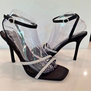 MNG Stiletto Heels Sz 40 / 9 Rhinestone Ankle Straps Black Shoes Mango
